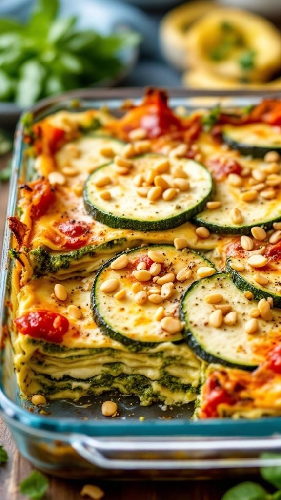 A delicious vegan pesto lasagna with layers of zucchini, cherry tomatoes, and pine nuts on top.