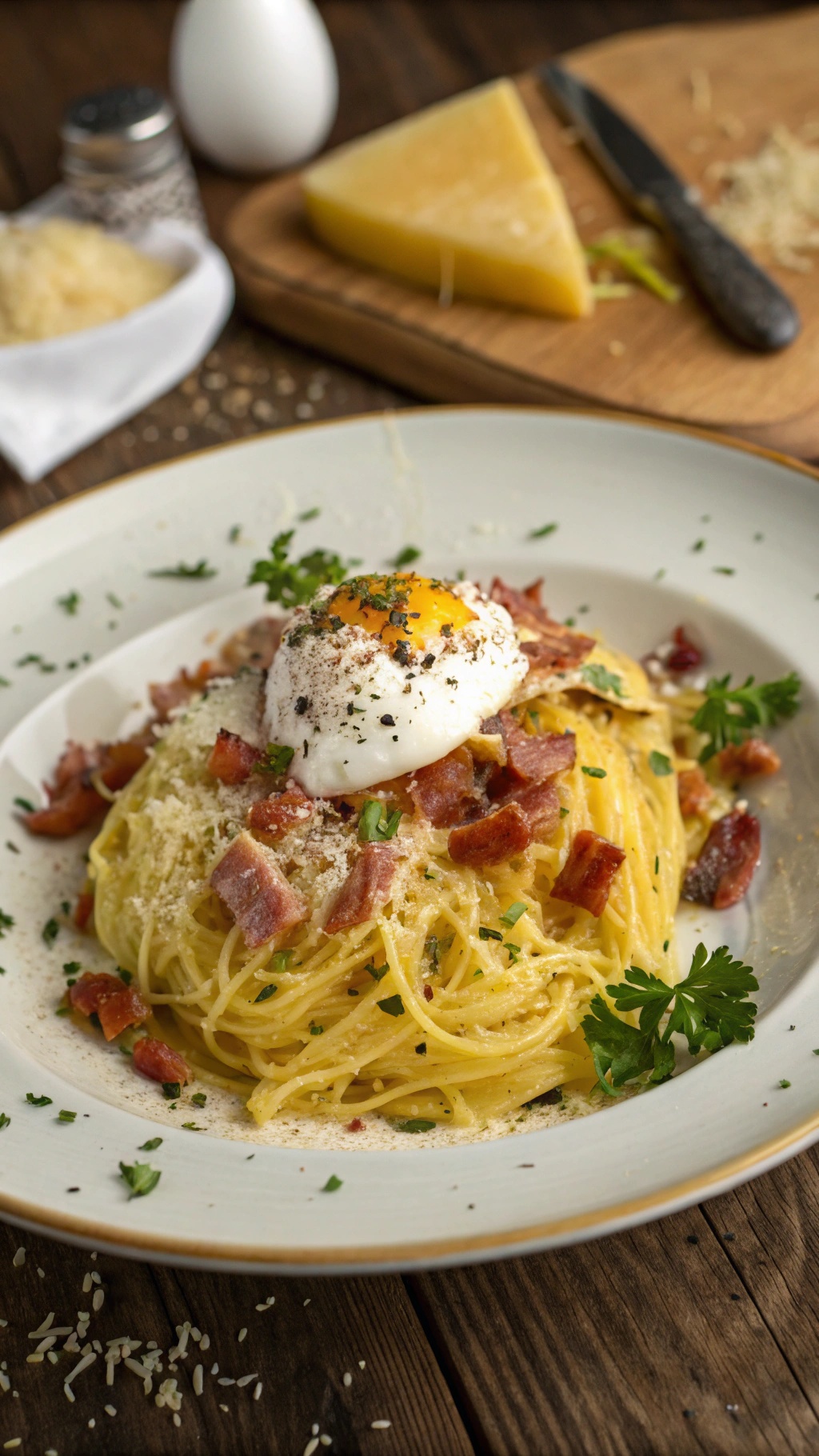 A plate of spaghetti squash topped with bacon, a poached egg, and parmesan cheese.