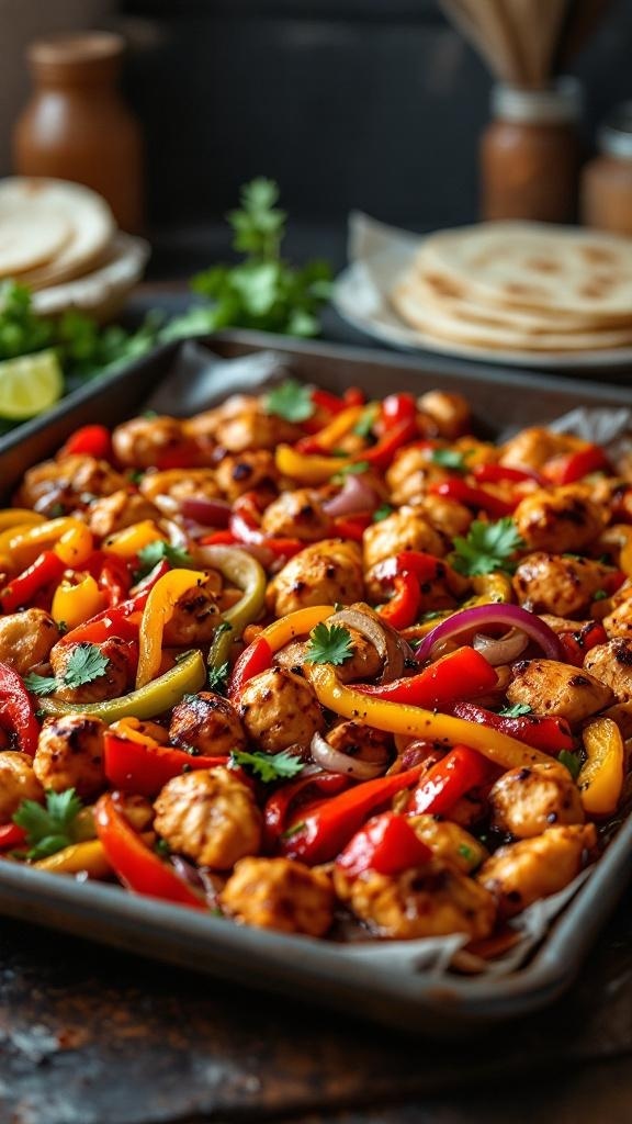 A colorful sheet pan filled with chicken, bell peppers, and onions, ready to be served as fajitas.