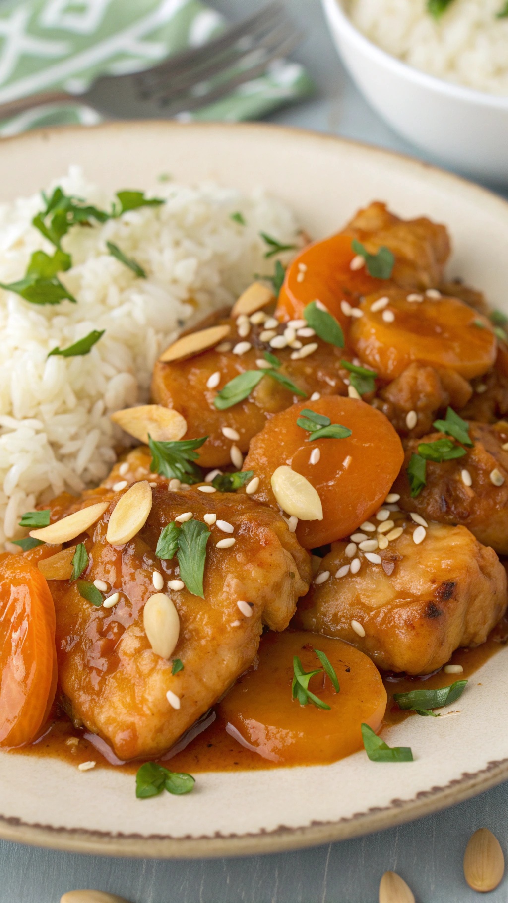 A plate of apricot chicken garnished with sesame seeds and herbs, served with rice.