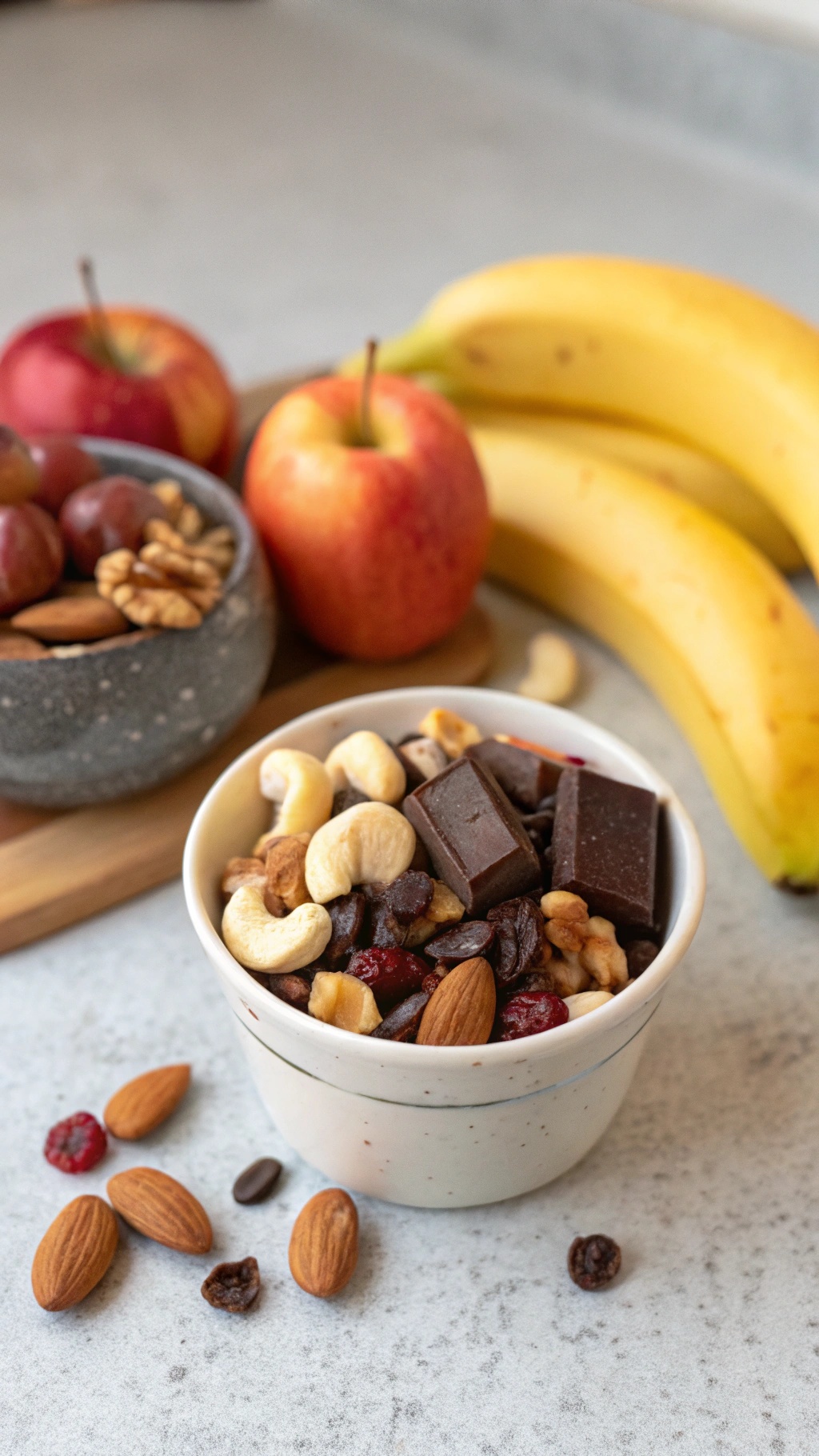 A bowl of fruit and nut mix with apples, bananas, and a variety of nuts and dried fruits.