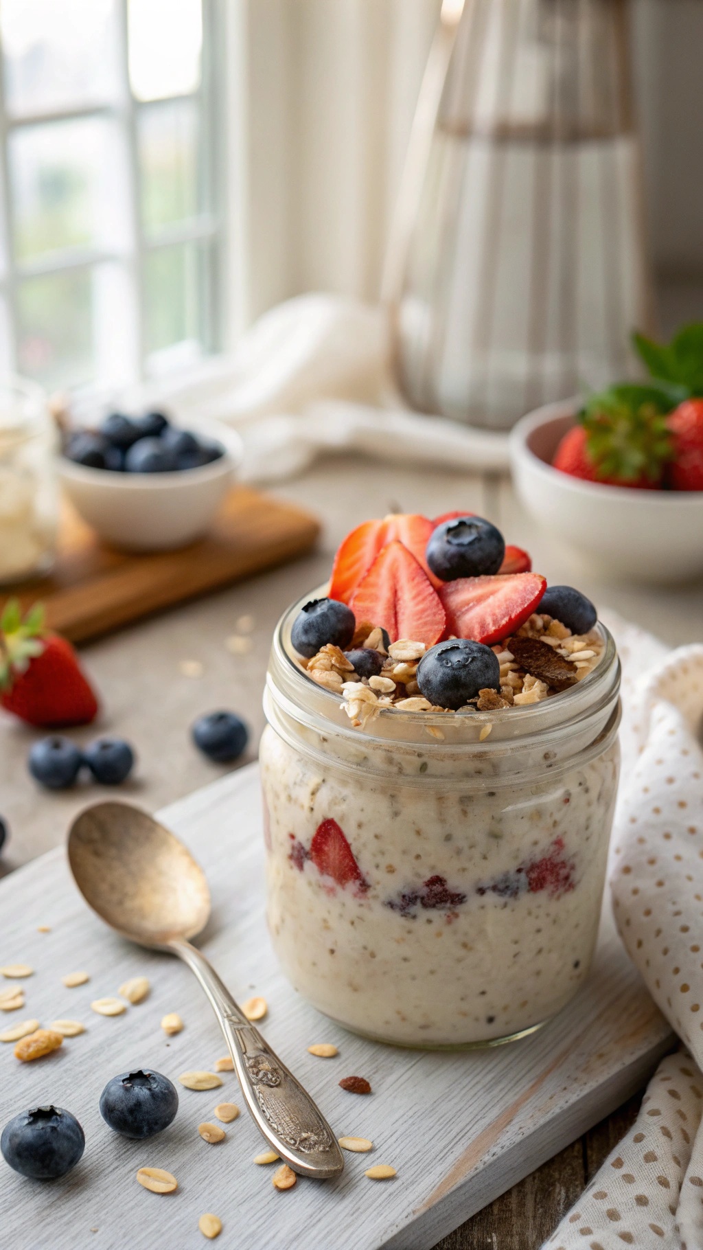 A jar of overnight oats topped with strawberries and blueberries, with a spoon beside it.