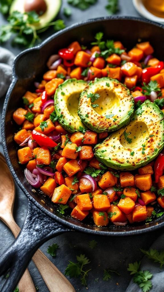 A vibrant vegan sweet potato hash with diced sweet potatoes, red bell peppers, and onions, topped with grilled avocado and fresh cilantro.