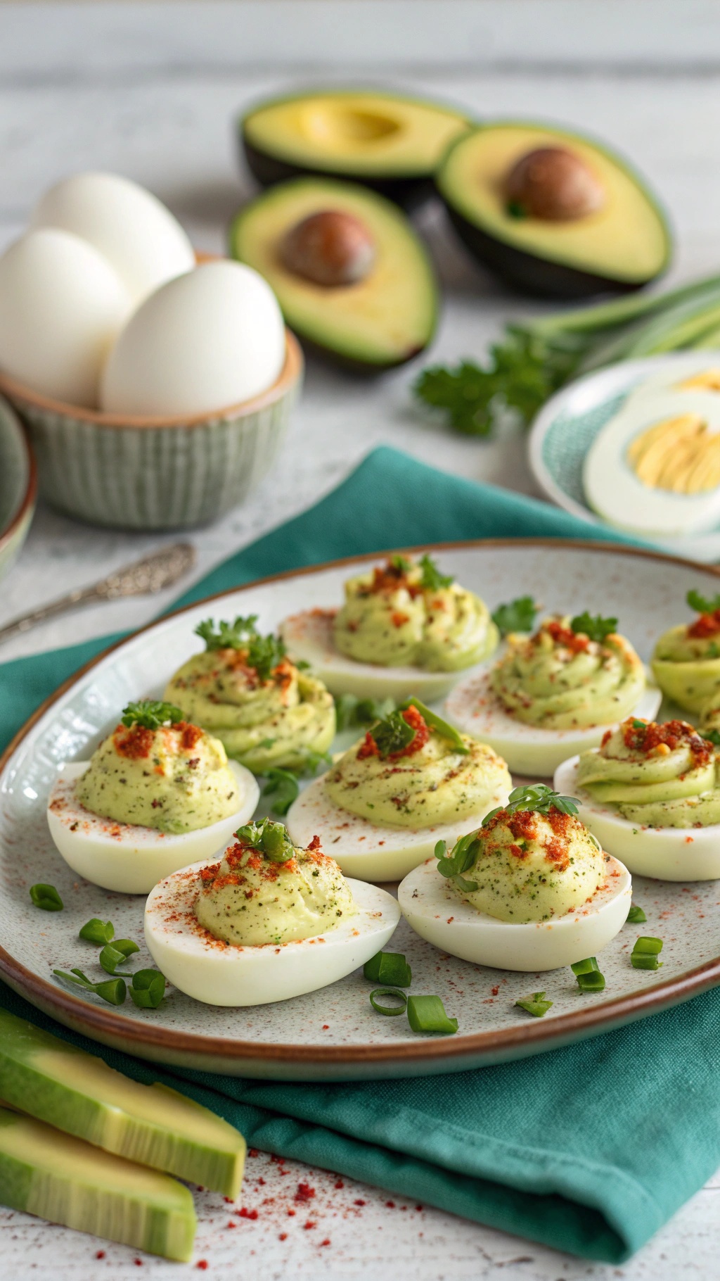 Plate of avocado deviled eggs garnished with herbs and paprika, surrounded by fresh avocados and cucumbers.