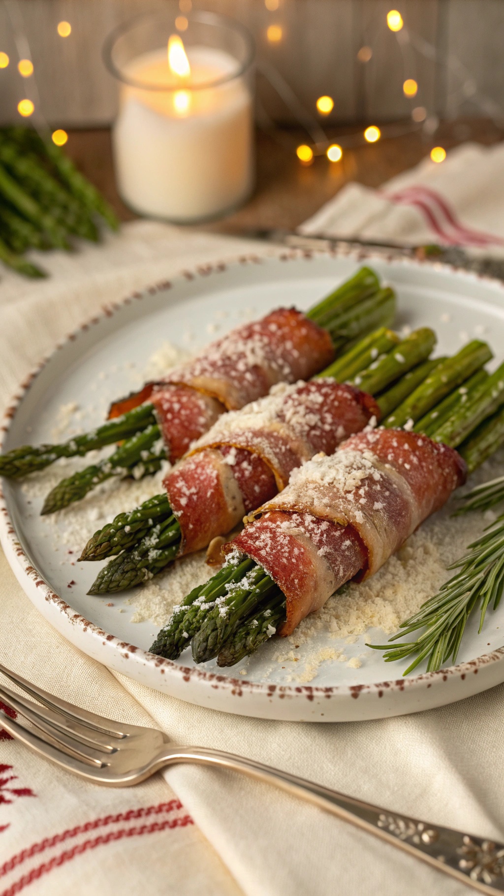 Bacon-wrapped asparagus bundles on a plate, garnished with Parmesan cheese.