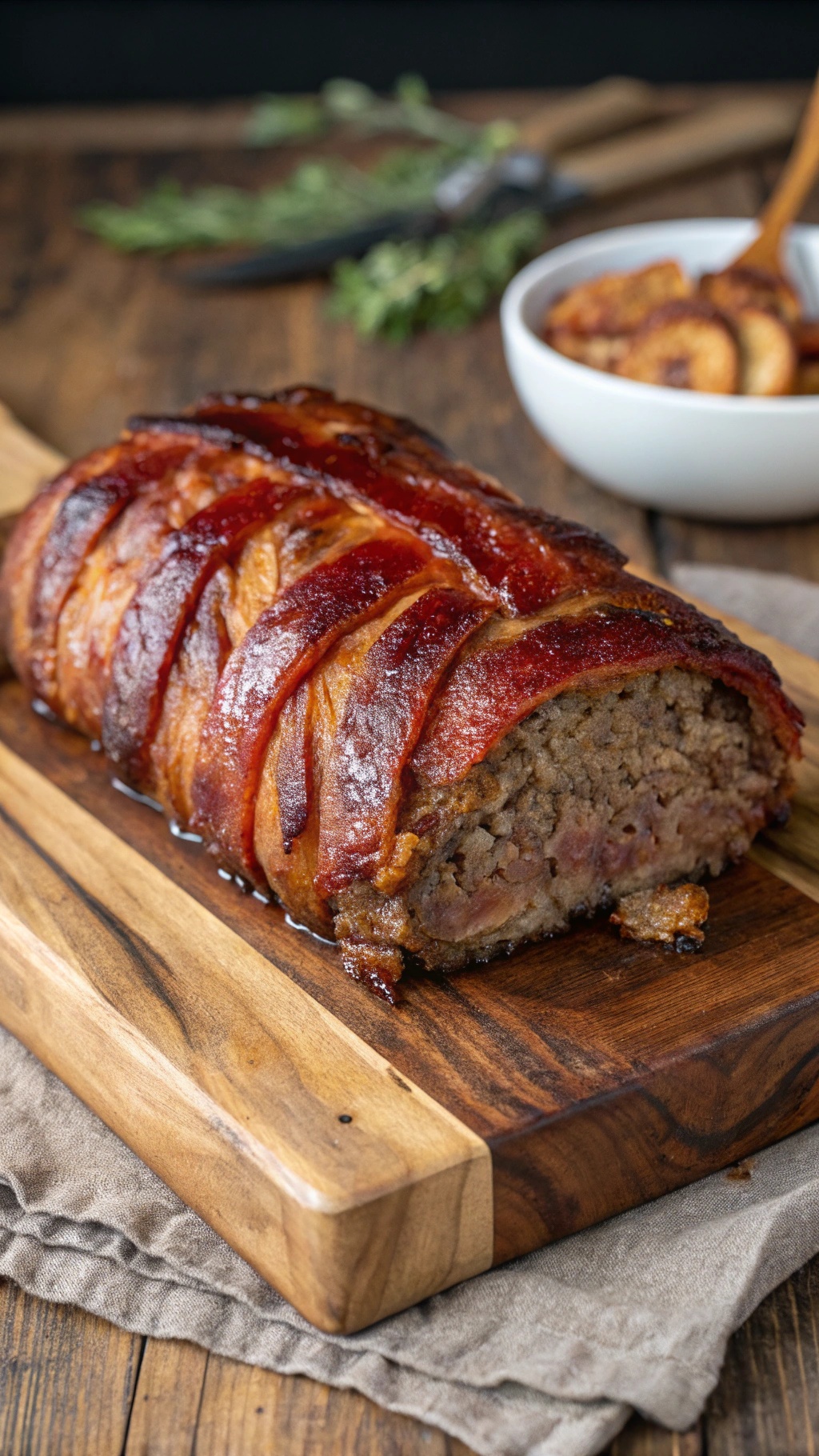 A delicious bacon-wrapped meatloaf on a wooden cutting board, showcasing its crispy exterior.
