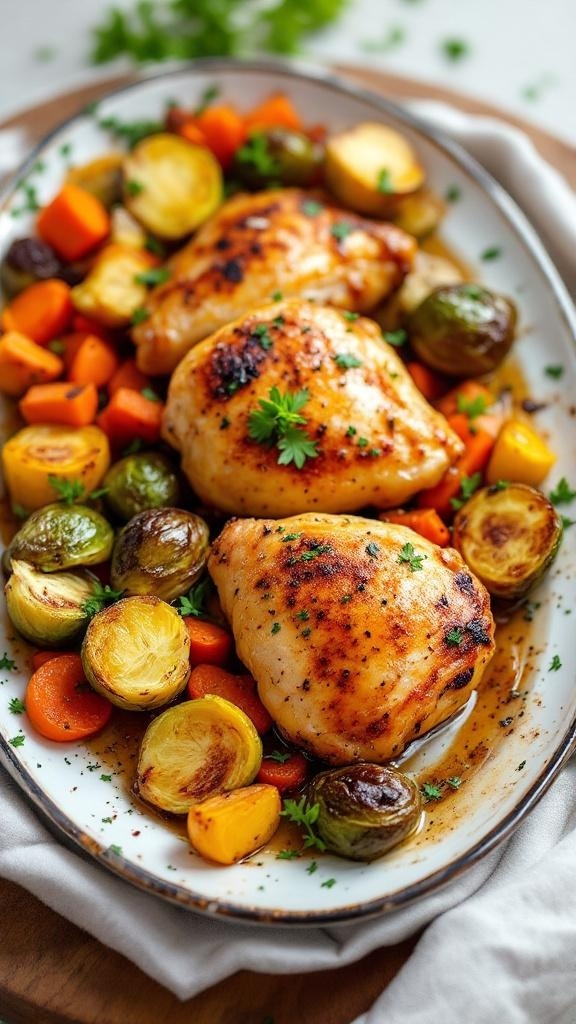 Savory baked chicken thighs with roasted vegetables on a platter