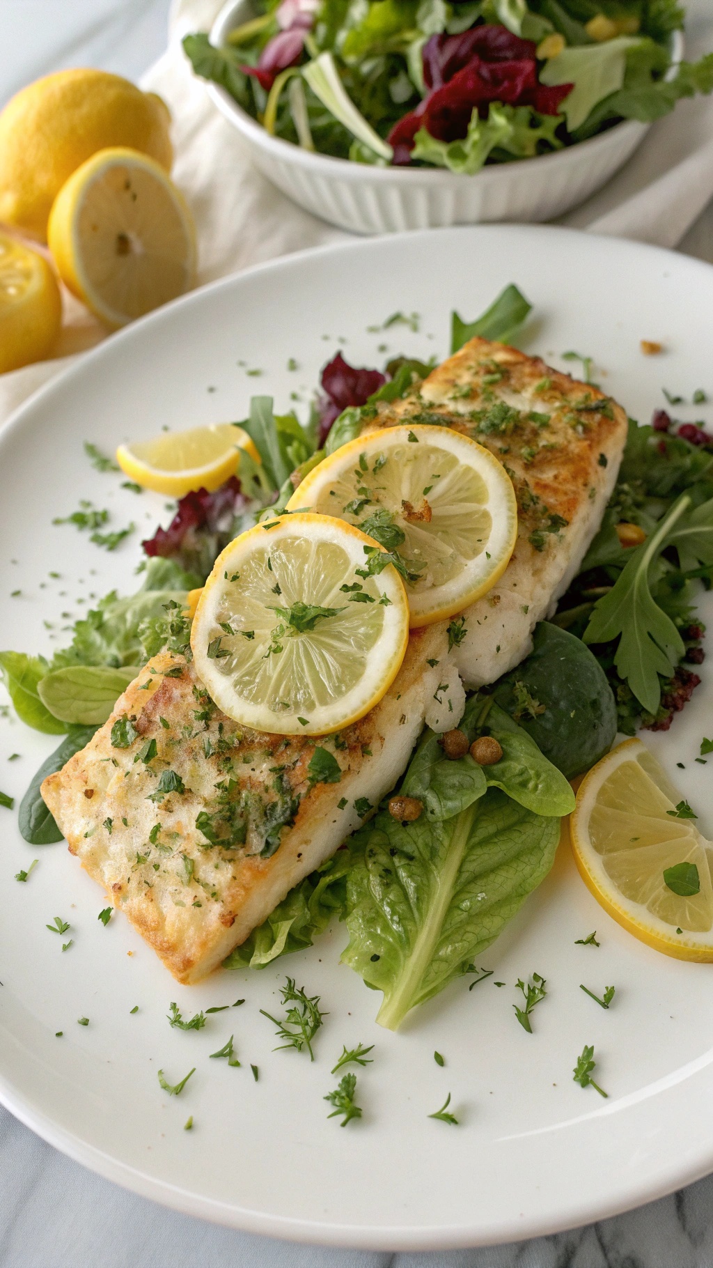 Baked cod fillets garnished with lemon slices and herbs on a plate with a side salad.