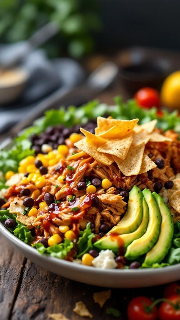 A delicious BBQ chicken salad with shredded chicken, black beans, corn, avocado, and tortilla chips on a bed of lettuce.
