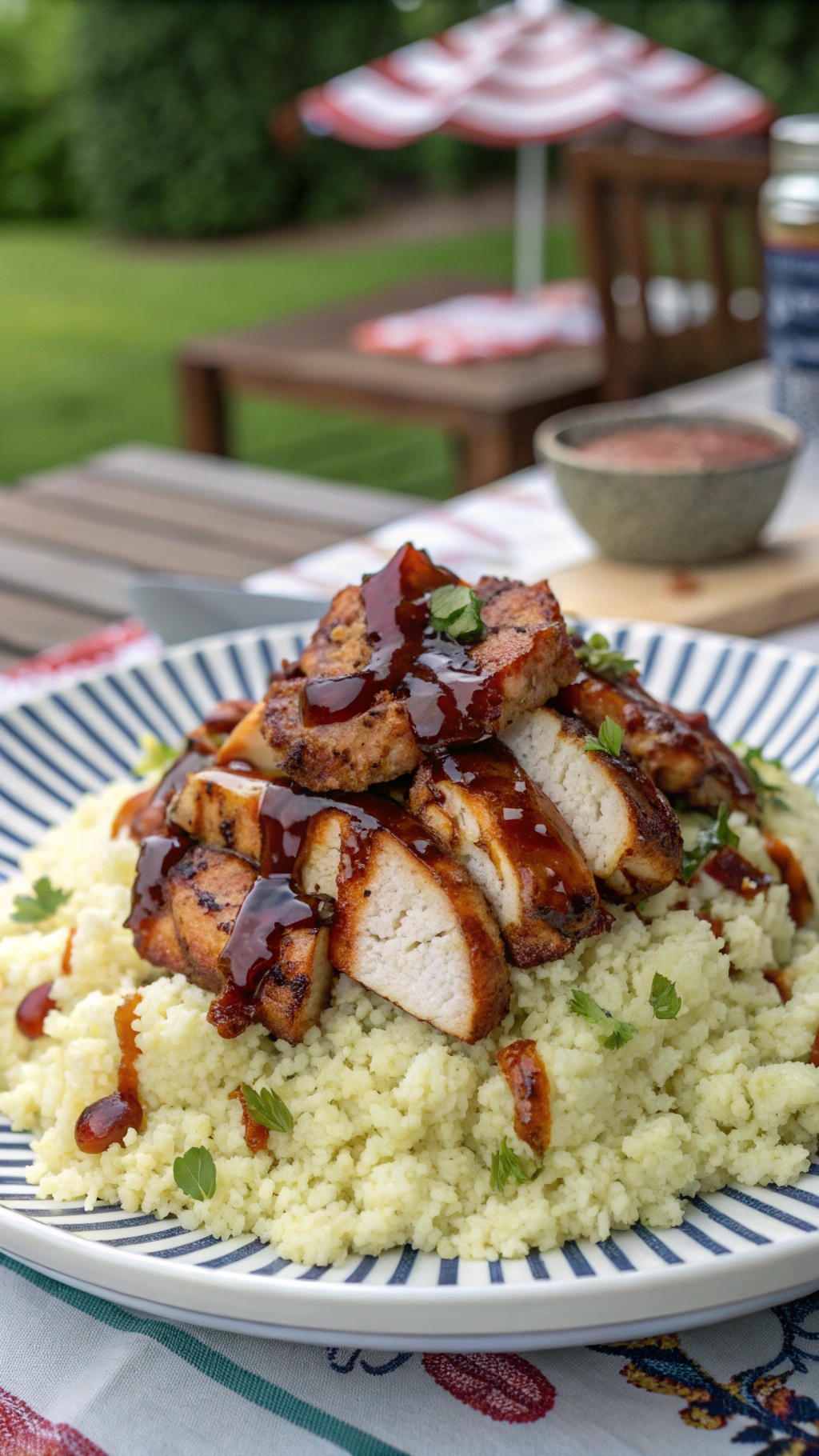 A plate of BBQ chicken served on cauliflower rice, garnished with herbs.