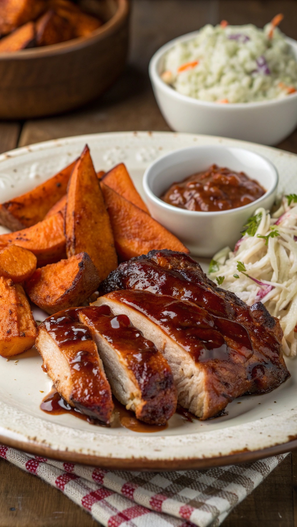 A plate of BBQ chicken with sweet potatoes, showcasing a delicious and healthy meal.