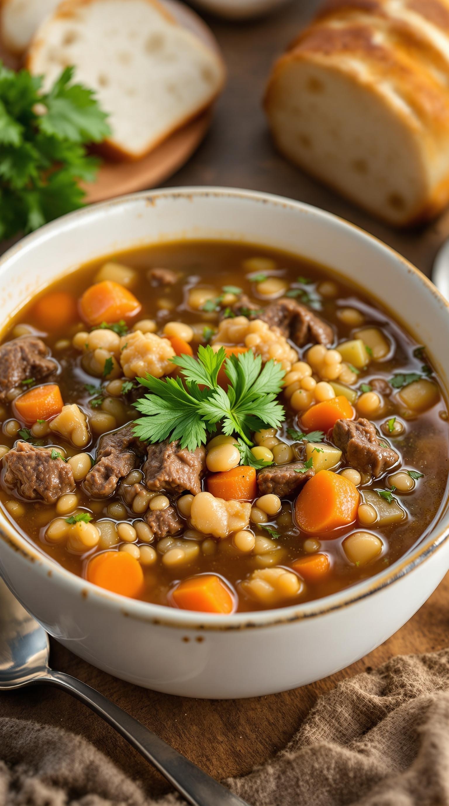 A bowl of beef and barley soup garnished with parsley, with slices of bread in the background.