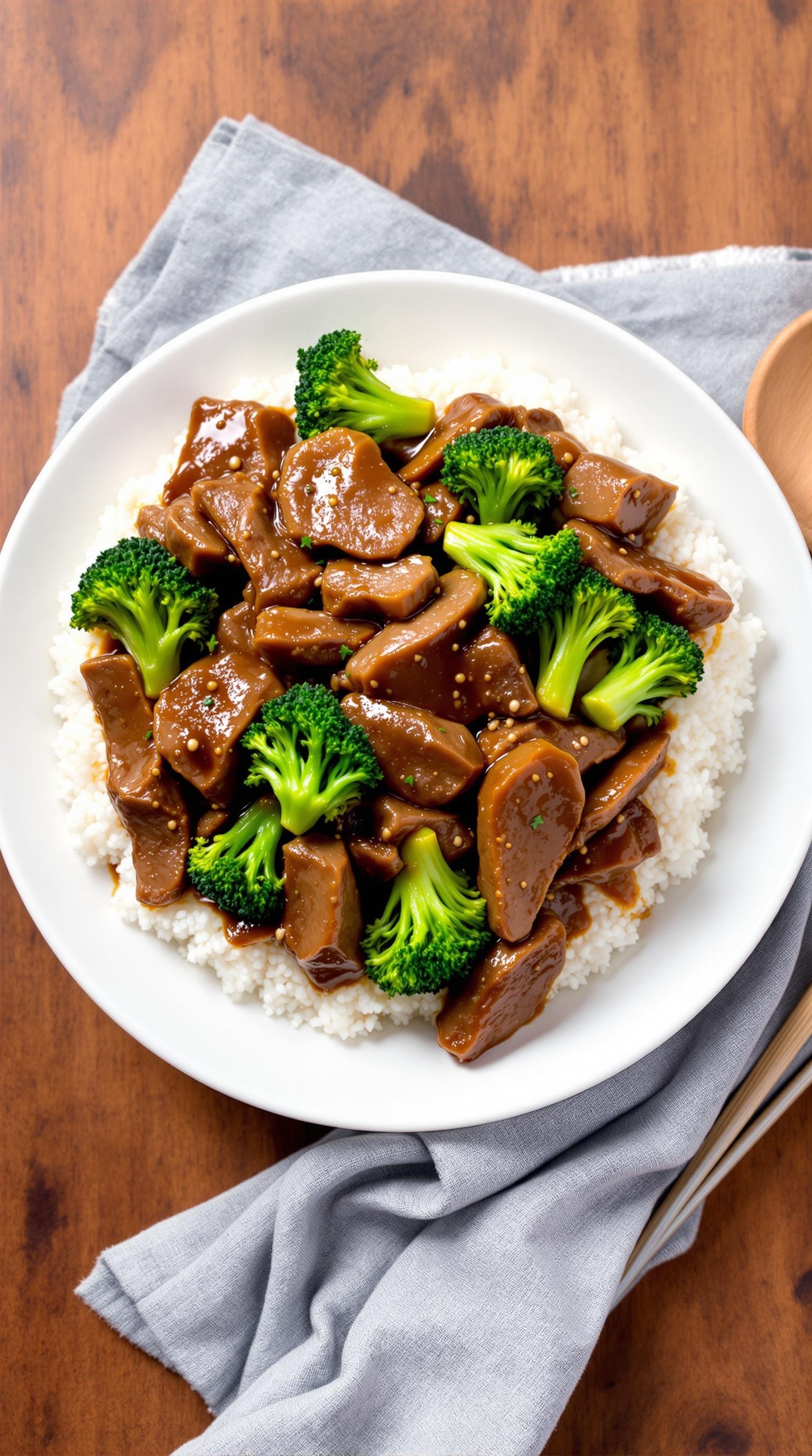 A plate of beef and broccoli served over rice, showcasing vibrant colors and a rich sauce.