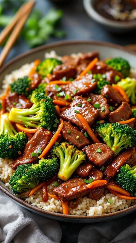 A delicious bowl of beef and broccoli stir-fry with vibrant vegetables.