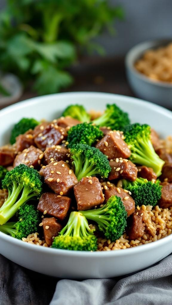 A bowl of beef and broccoli stir-fry served over brown rice, garnished with sesame seeds.