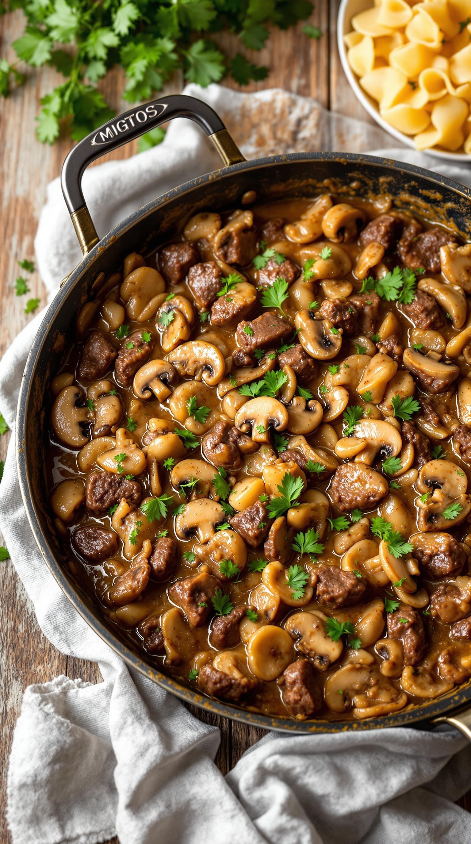 A delicious beef and mushroom skillet dish with fresh herbs.