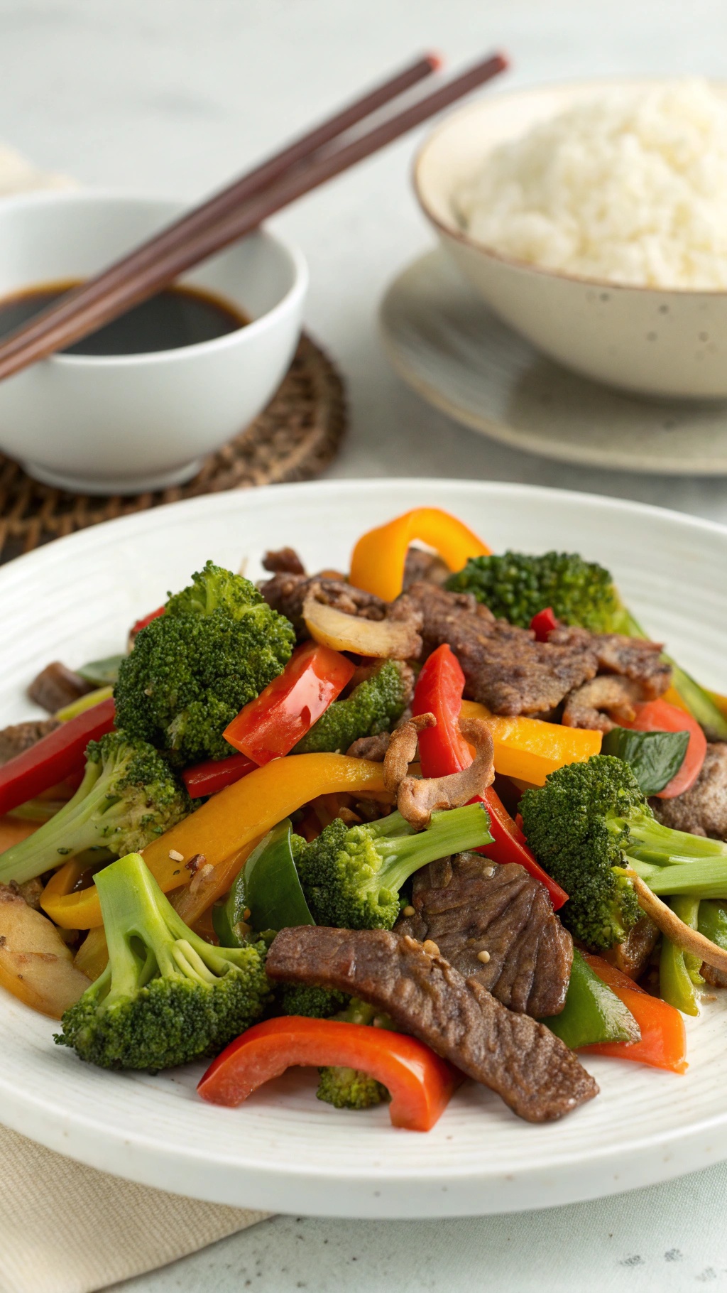 A colorful beef and vegetable stir-fry on a white plate with chopsticks and a bowl of rice in the background.