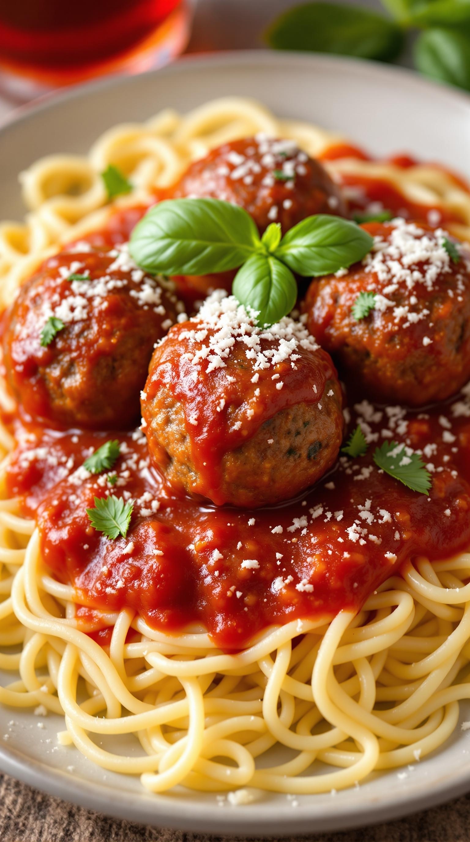 A plate of beef meatballs with marinara sauce served over spaghetti, garnished with basil and cheese.