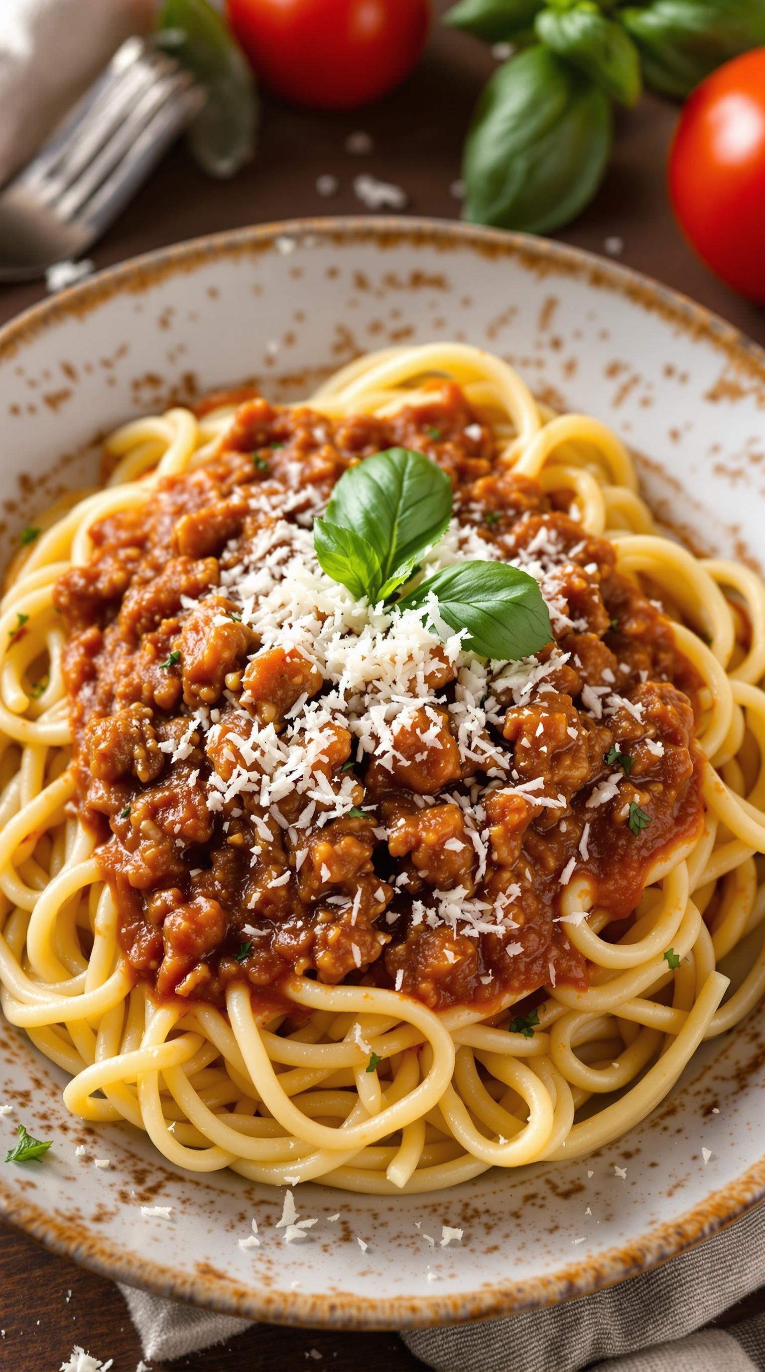 A plate of spaghetti topped with beef ragu sauce, garnished with basil and cheese.
