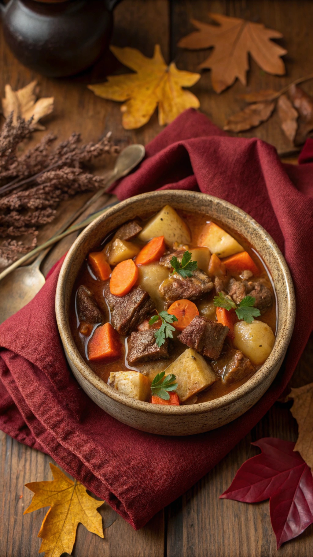 A cozy bowl of beef stew with carrots and potatoes, surrounded by autumn leaves.