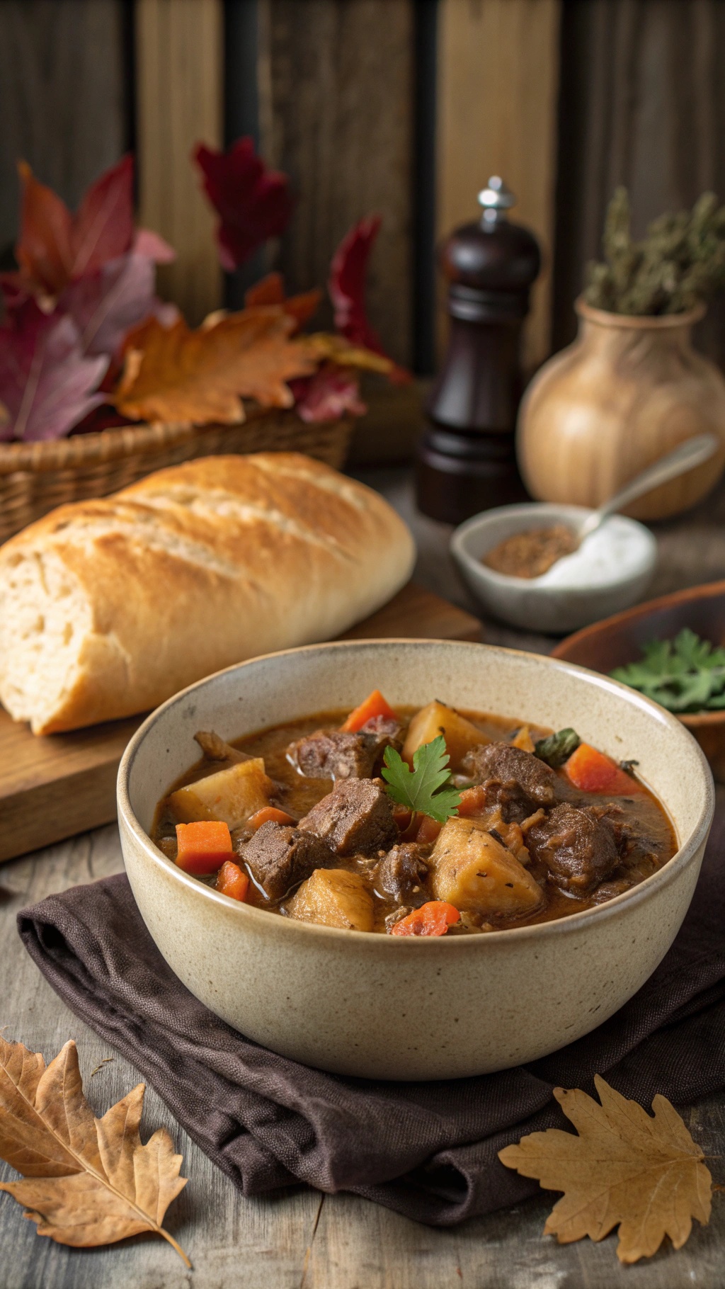 A bowl of beef stew with seasonal vegetables and a loaf of bread, surrounded by autumn leaves.