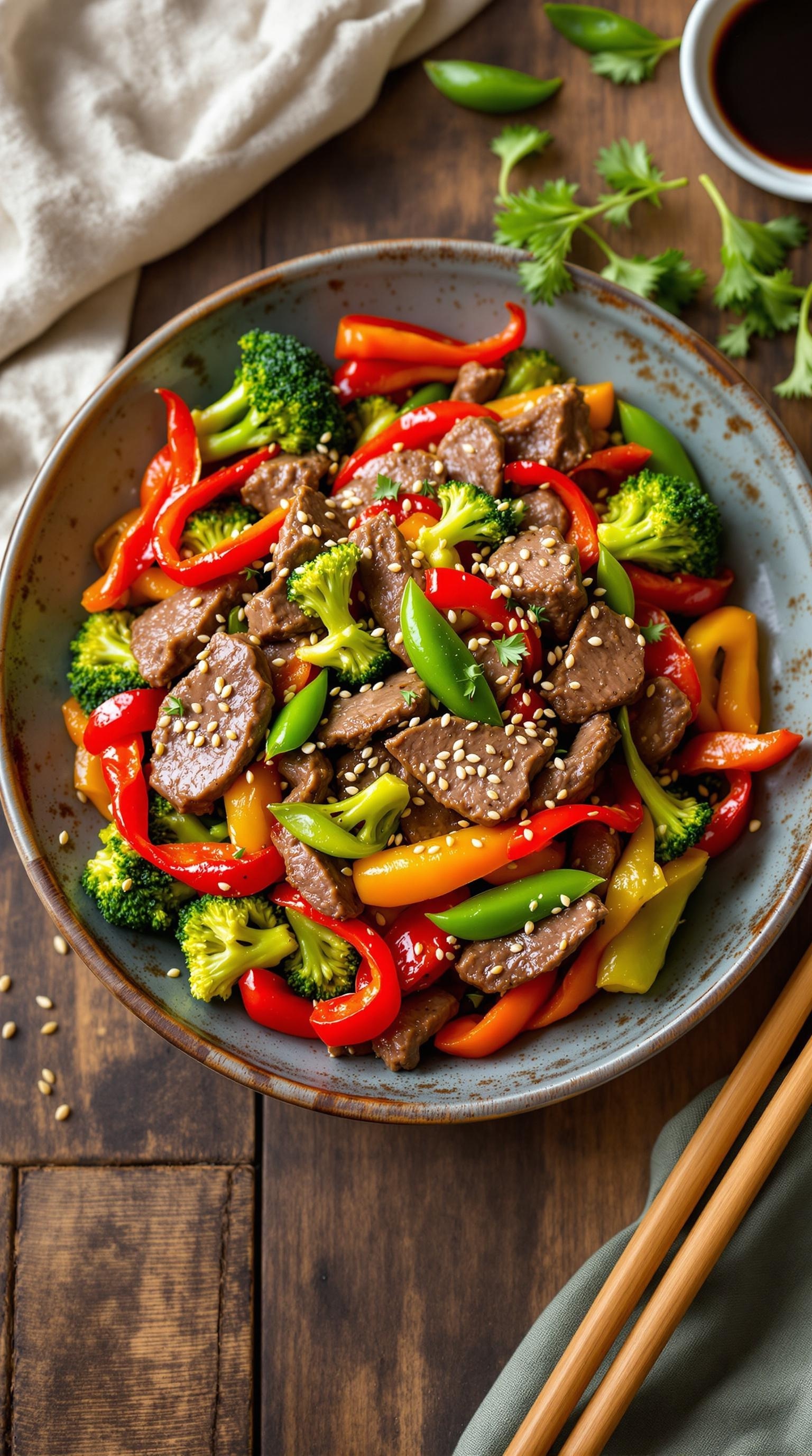A vibrant bowl of beef stir-fry with colorful vegetables and sesame seeds.