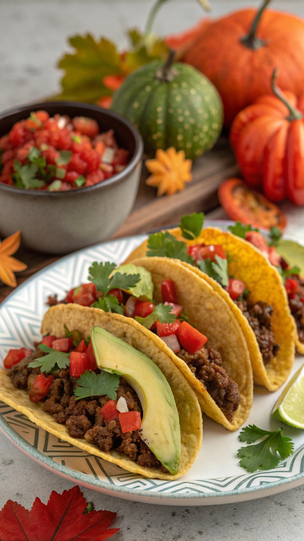 Delicious beef tacos with fresh salsa and avocado slices, surrounded by colorful pumpkins and autumn leaves.