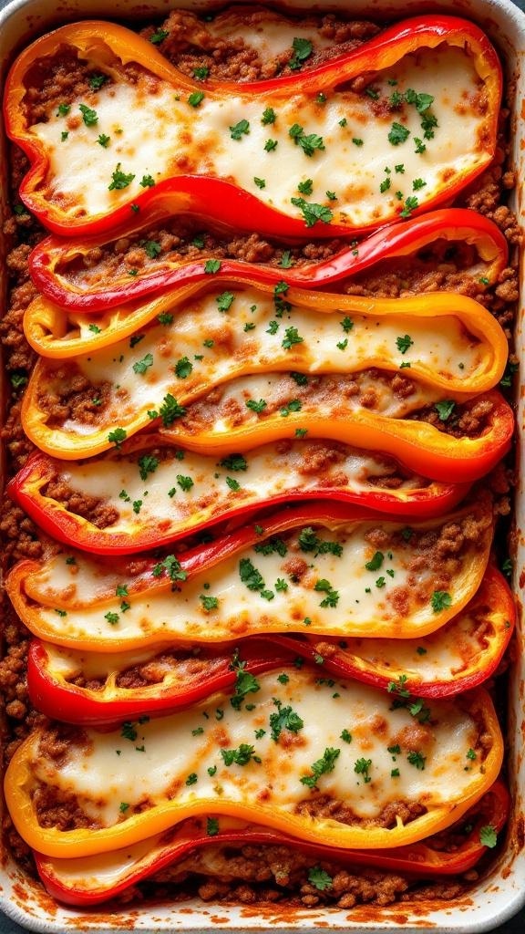 Savory bell pepper lasagna with layers of meat and cheese, topped with parsley.