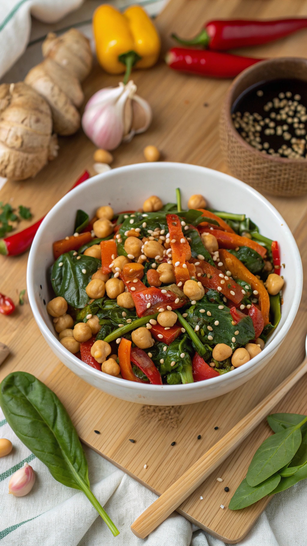 A colorful bowl of chickpea and spinach stir-fry with bell peppers and sesame seeds.