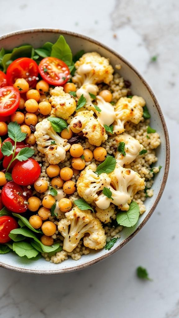 A bowl filled with couscous, roasted cauliflower, chickpeas, cherry tomatoes, and fresh greens.