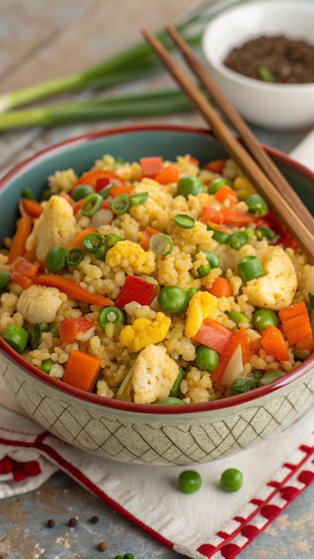 A bowl of colorful cauliflower fried rice with vegetables and chopsticks