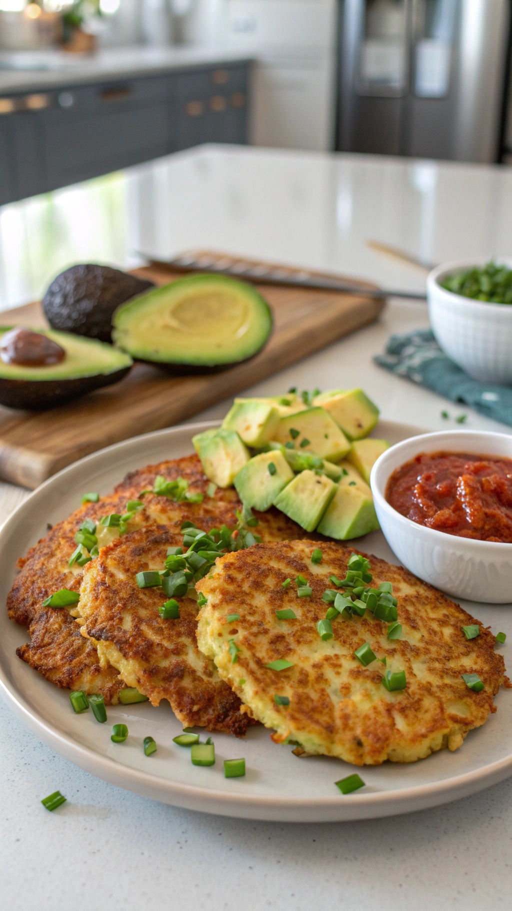 A plate of golden-brown cauliflower hash browns garnished with green onions, served with avocado slices and salsa.