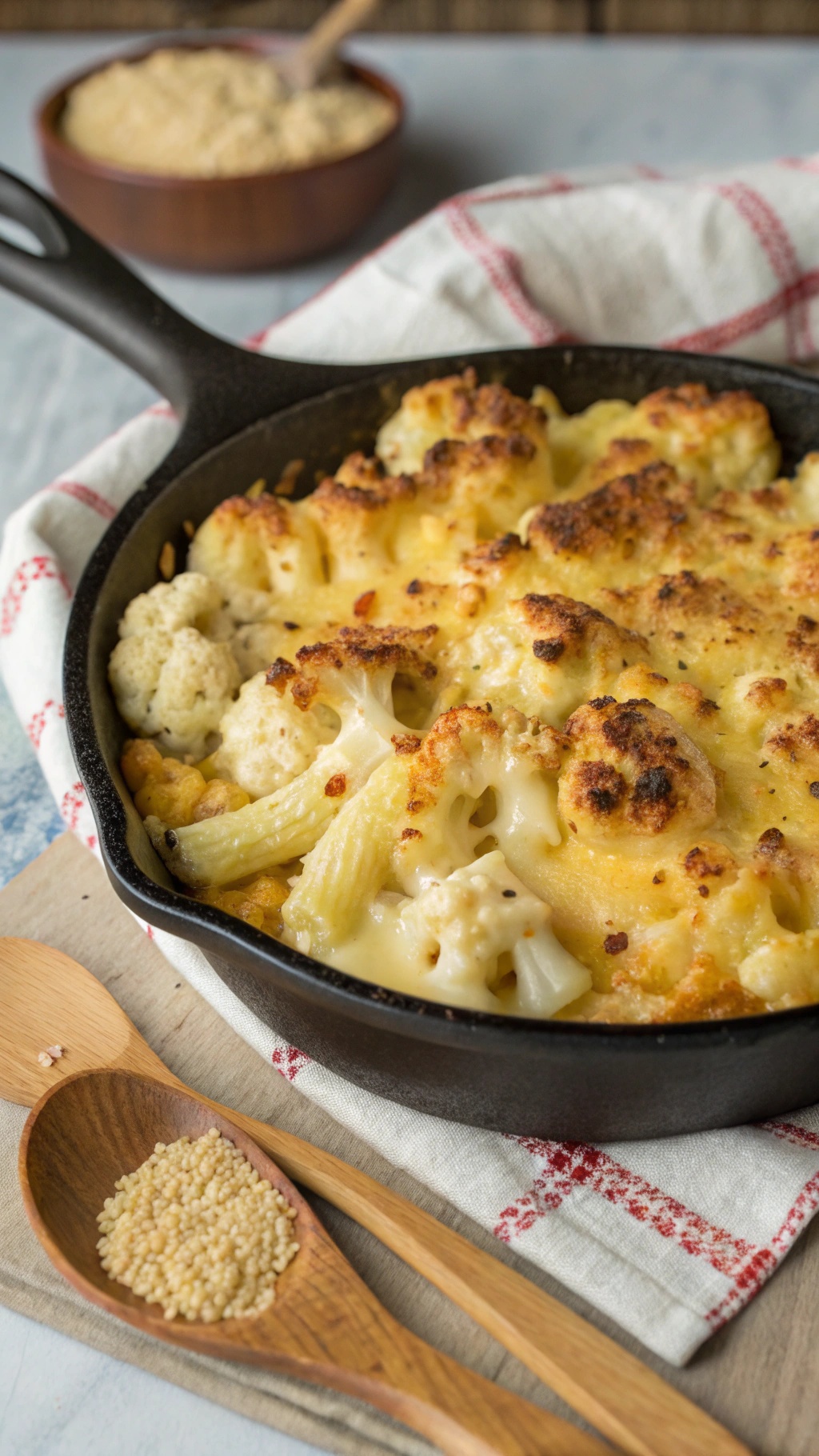 A skillet filled with baked cauliflower mac and cheese, topped with golden cheese and breadcrumbs.
