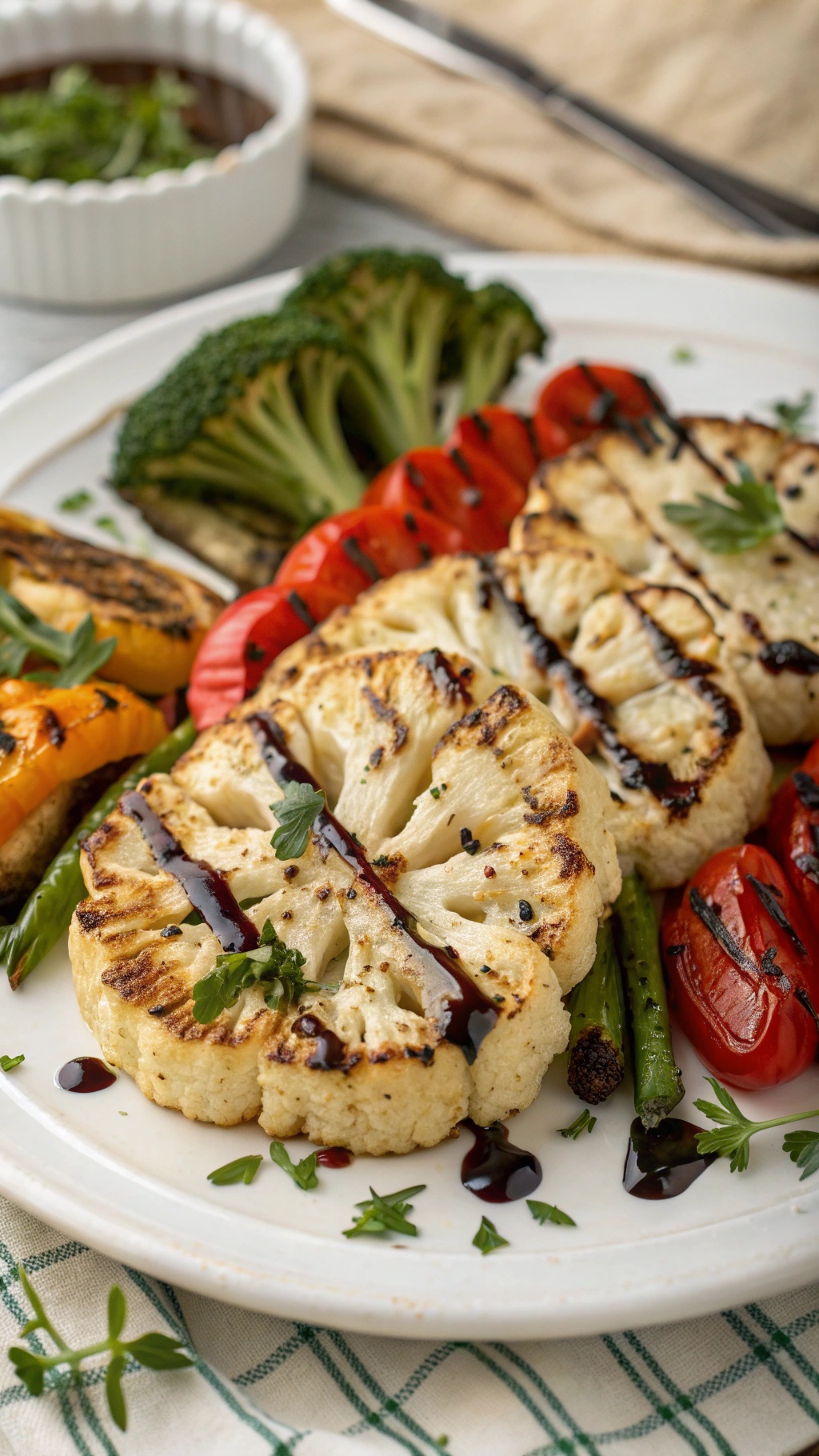 Grilled cauliflower steaks served with colorful vegetables on a plate.