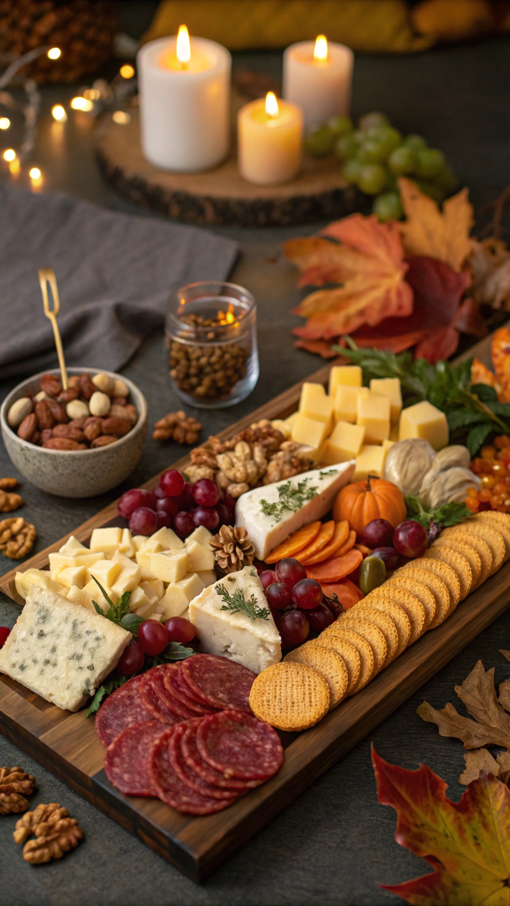 A beautifully arranged cheese and charcuterie board featuring various cheeses, cured meats, grapes, nuts, and crackers.