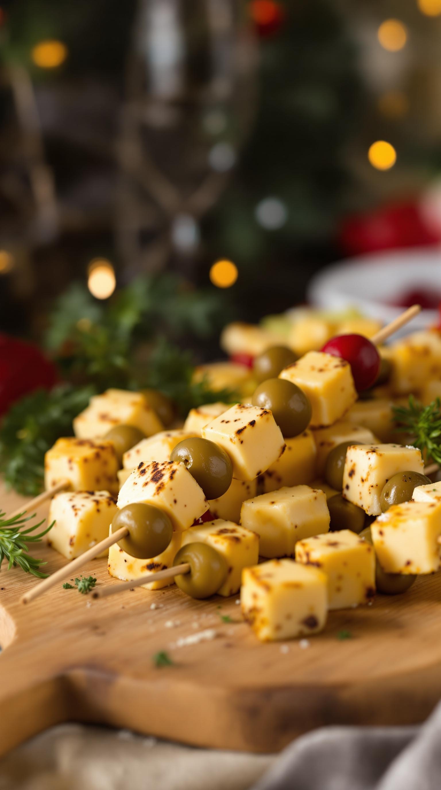 Savory cheese and olive skewers on a wooden board, featuring cubes of cheese and green olives.
