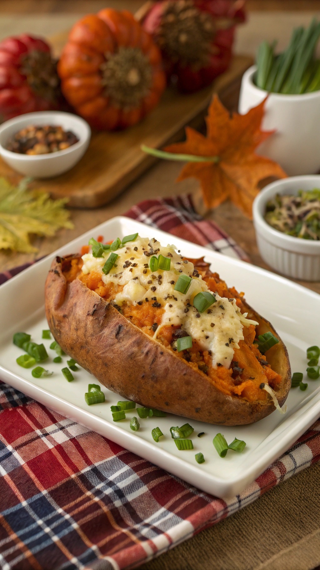 Savory cheese stuffed sweet potatoes on a white plate with green onions and pumpkins in the background.