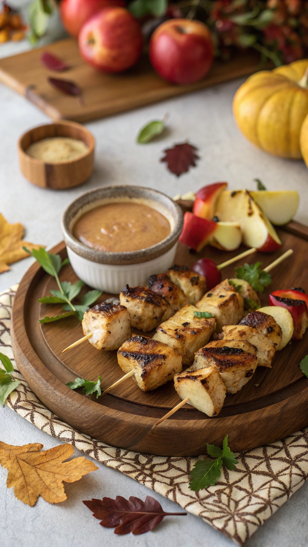 Savory chicken and apple skewers on a wooden plate with a dipping sauce and fresh apples in the background.