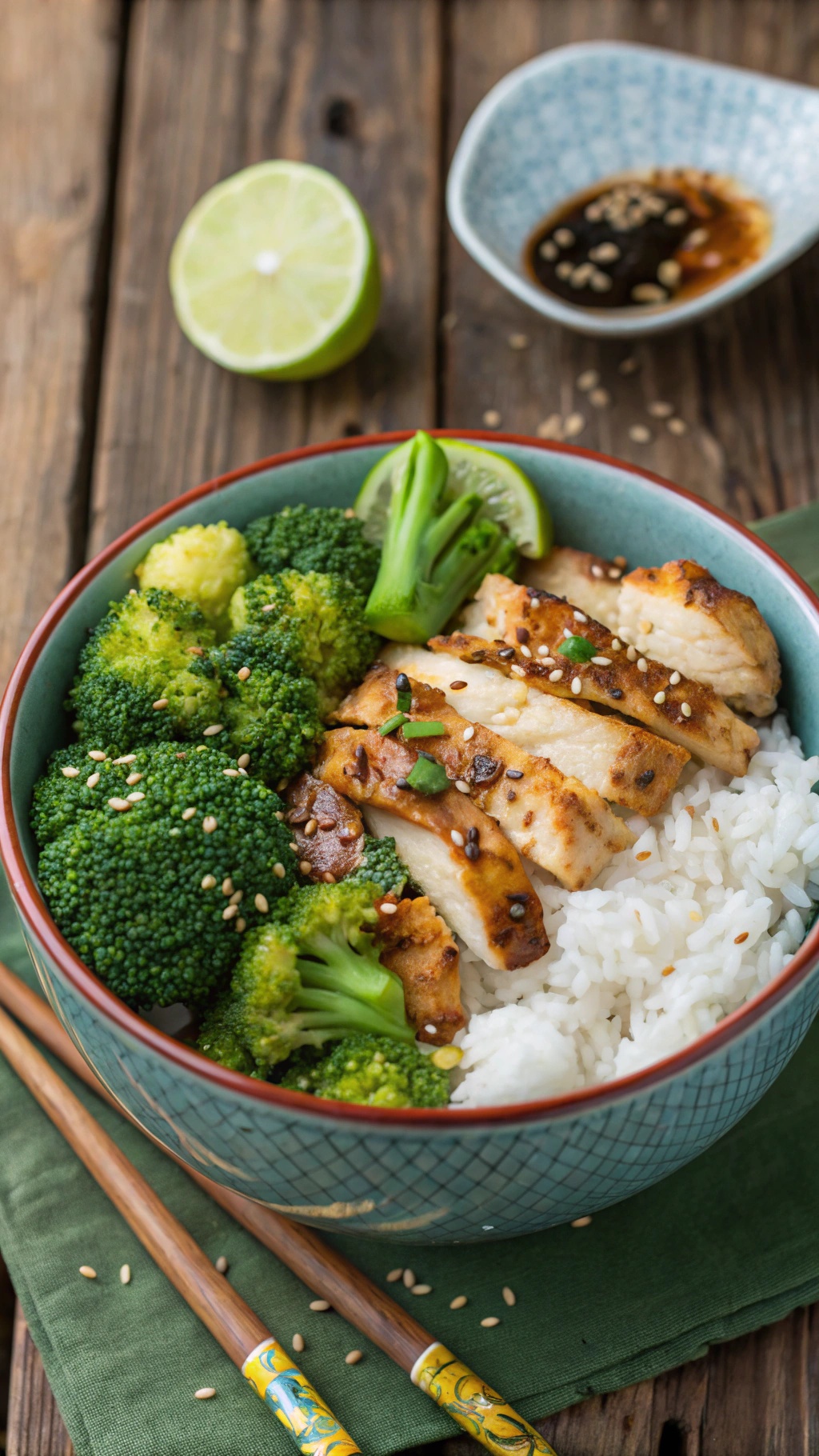A savory chicken and broccoli rice bowl with lime and sesame seeds on a wooden table.