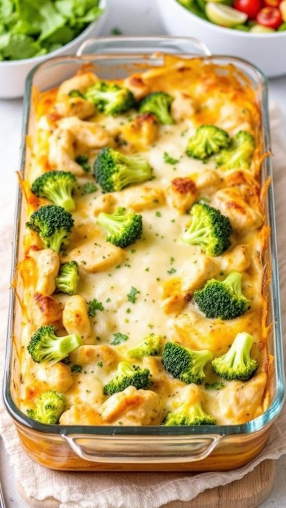 A delicious dish of chicken and broccoli lasagna, featuring layers of noodles, cheese, and vibrant green broccoli.