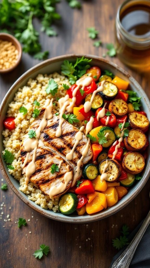 A bowl filled with grilled chicken, quinoa, and colorful roasted vegetables, garnished with cilantro and drizzled with sauce.