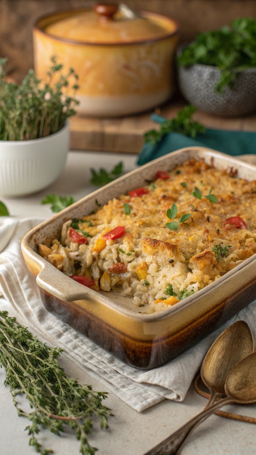 A baked chicken and rice casserole topped with cheese and colorful vegetables, served in a dish with herbs and wooden spoons nearby.