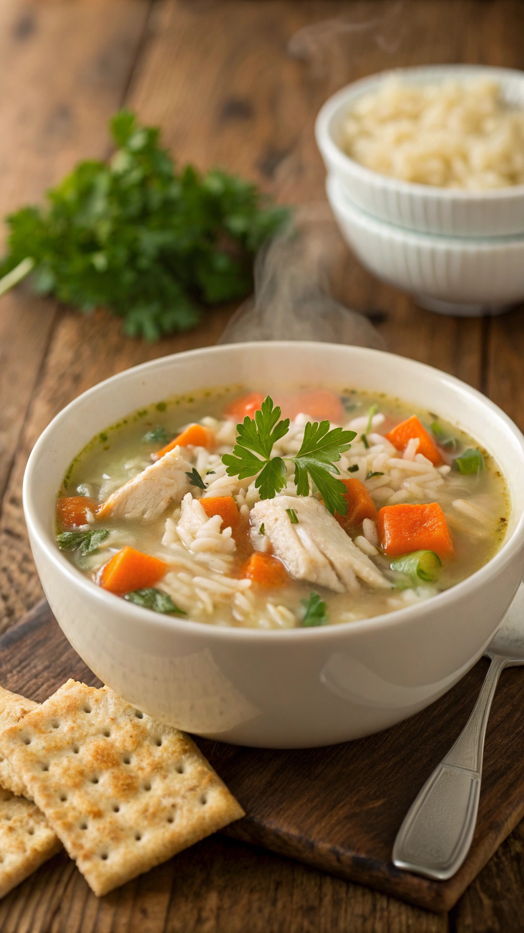 A bowl of savory chicken and rice soup with vegetables and herbs, served with crackers.