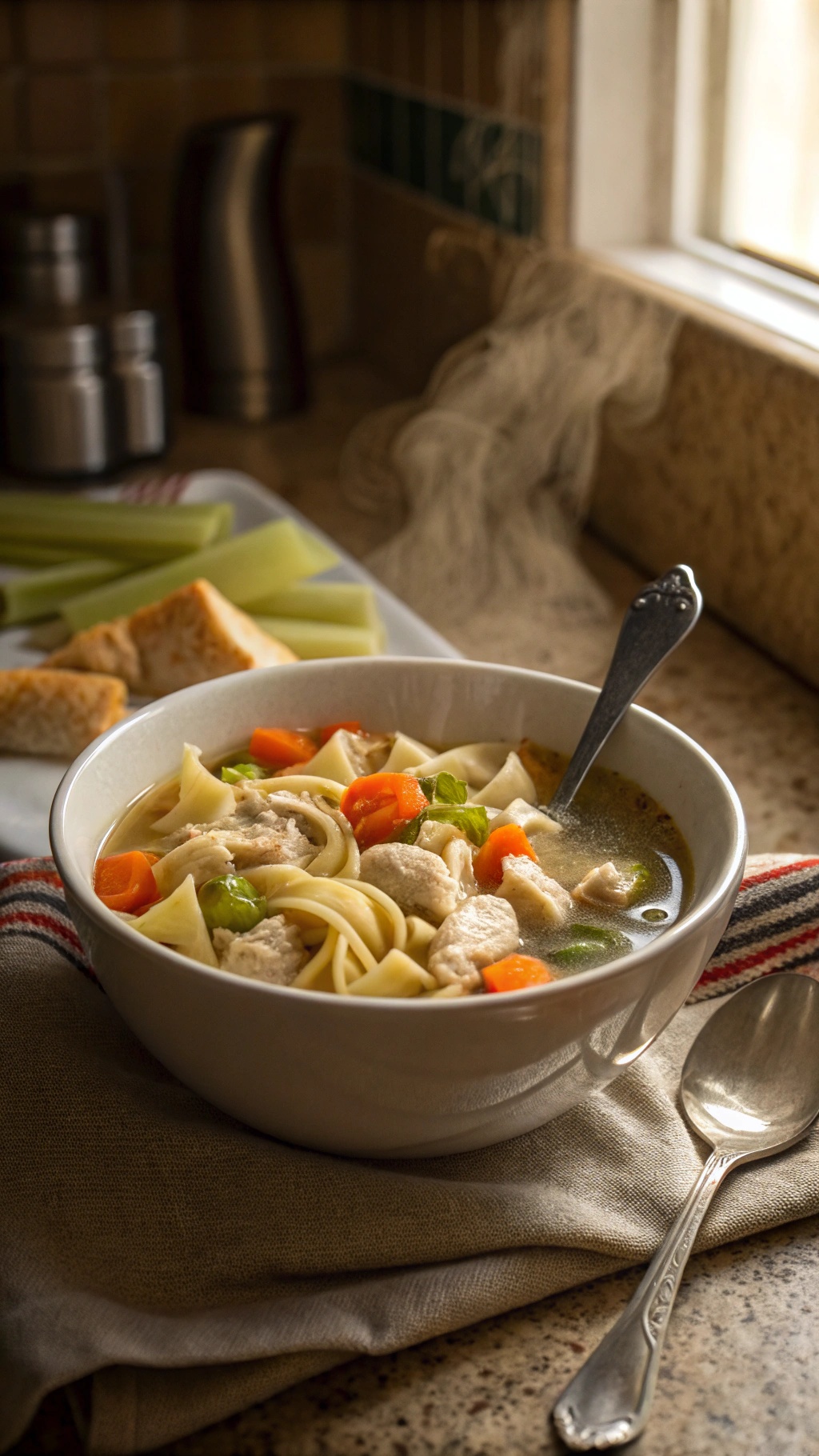 A bowl of chicken noodle soup with vegetables and noodles, steaming beside a plate of celery and bread.