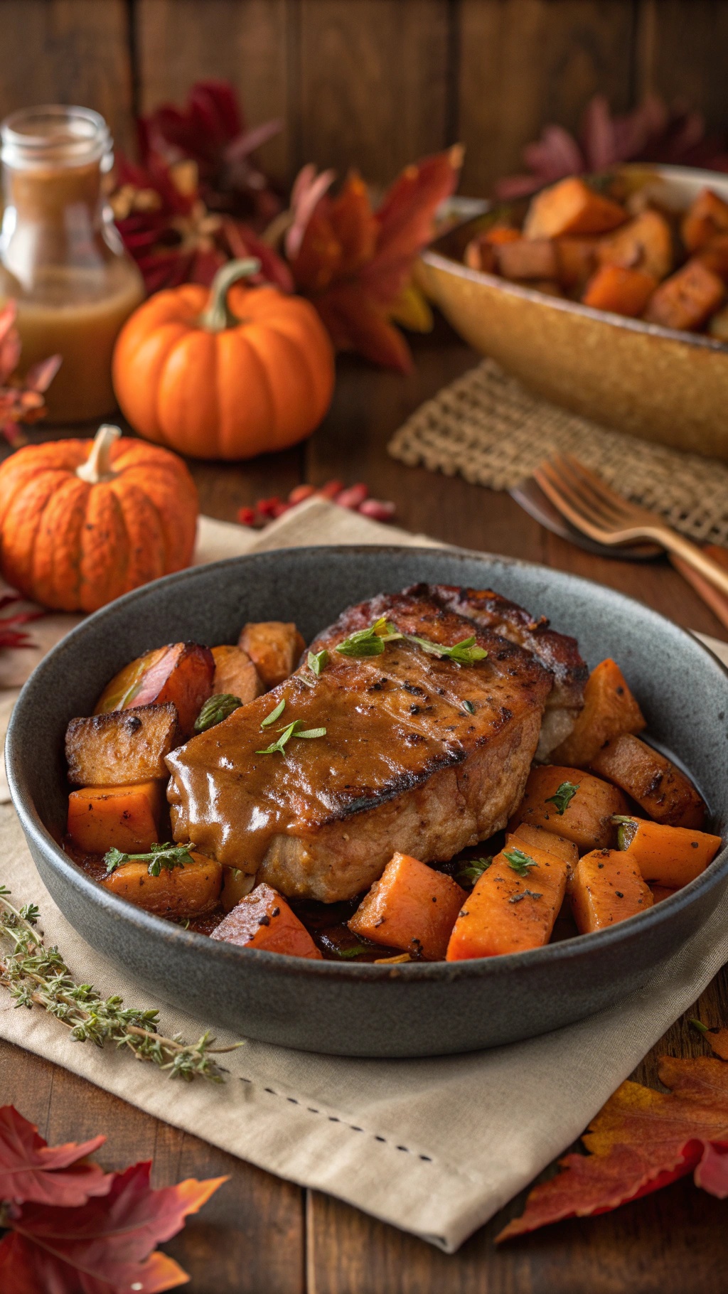 Savory cider-glazed pork chops with sweet potatoes in a bowl, garnished with herbs and surrounded by autumn decorations.