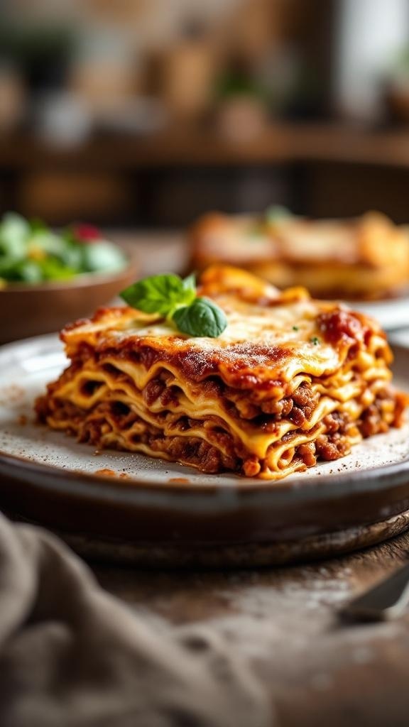A deliciously layered classic lasagna with rich meat sauce, topped with fresh basil.