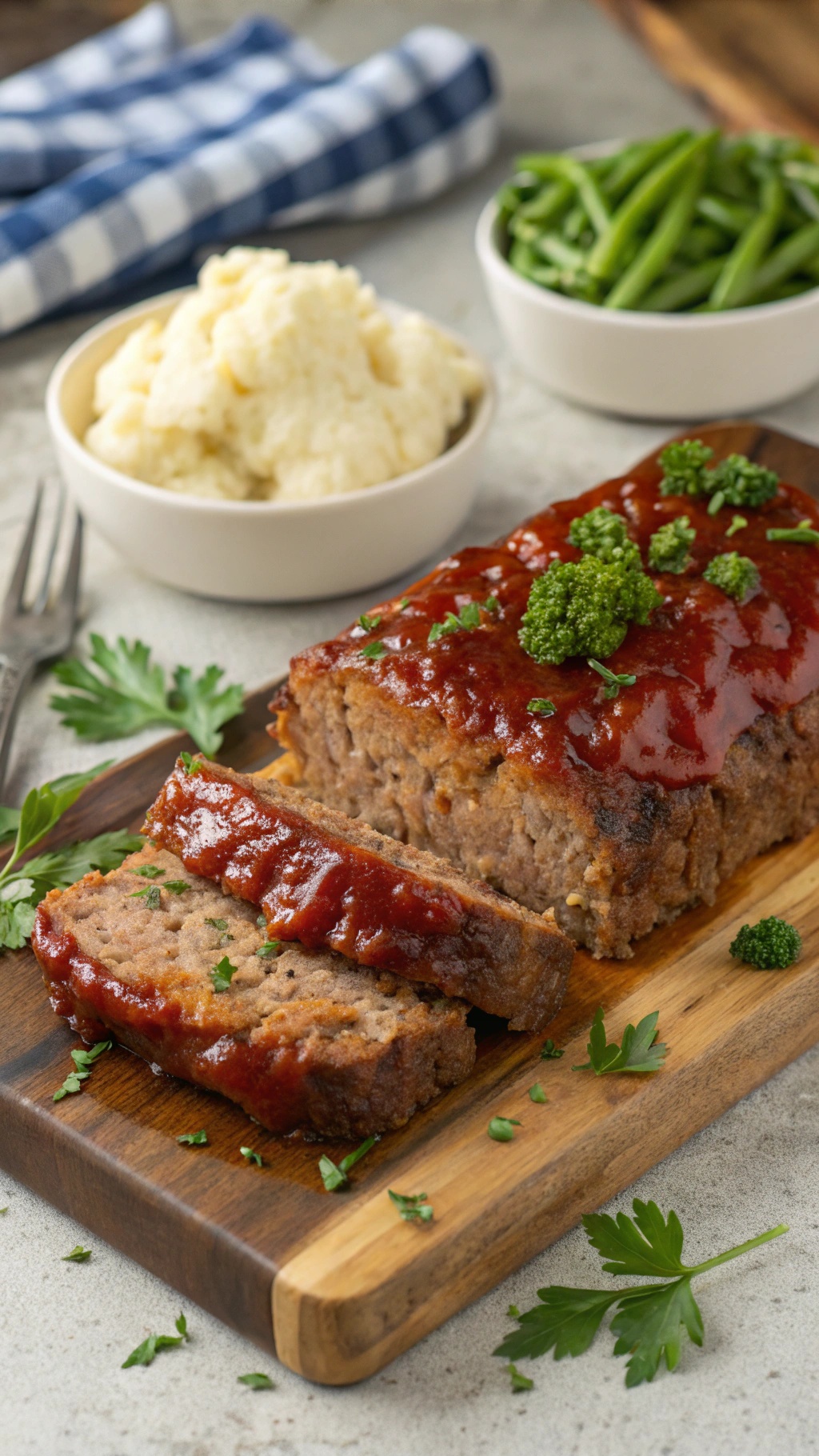 A delicious meatloaf sliced and glazed, served with mashed potatoes and green beans.