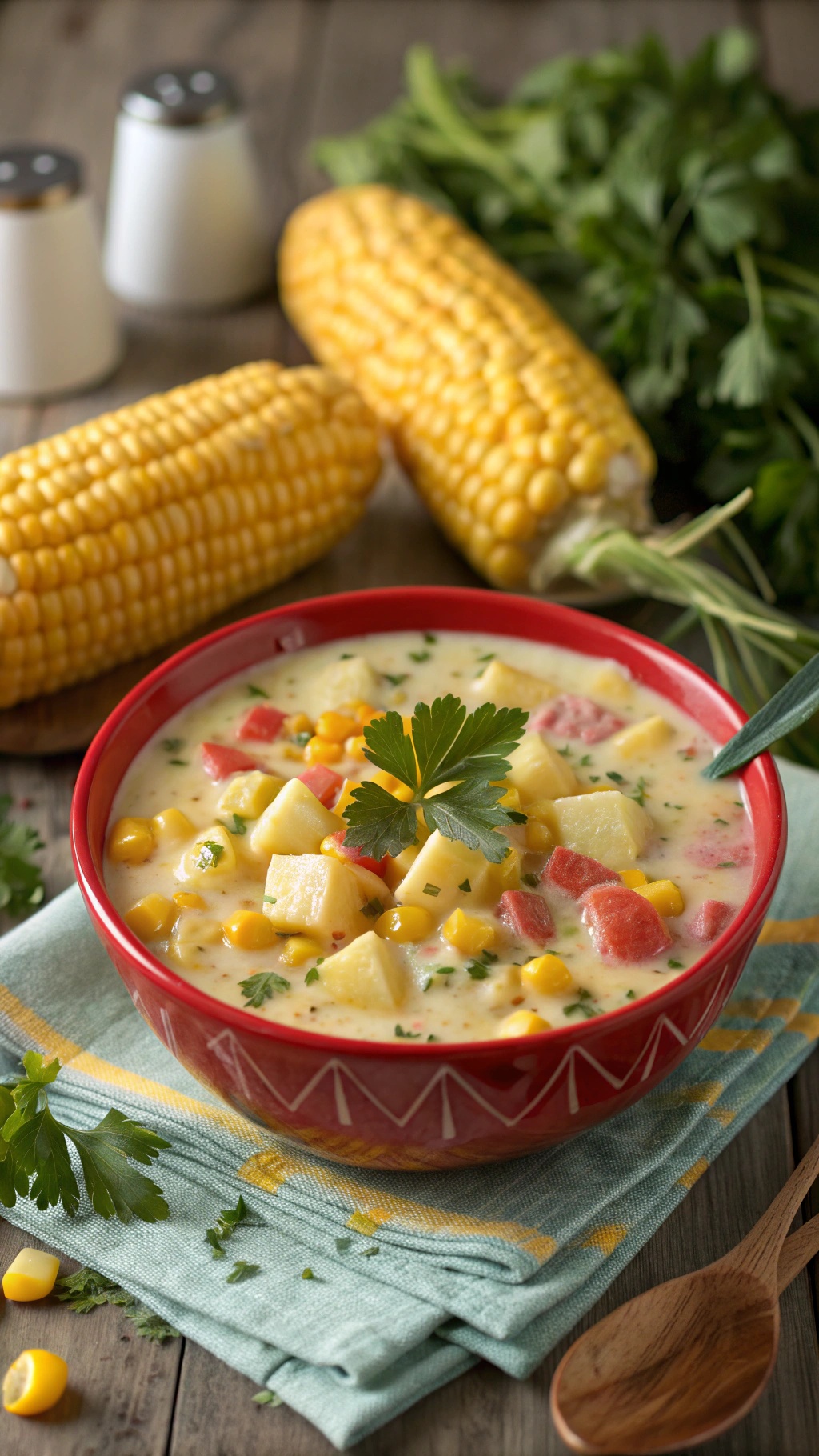 A bowl of creamy corn chowder with potatoes and bell peppers, garnished with parsley, next to fresh corn on the cob.