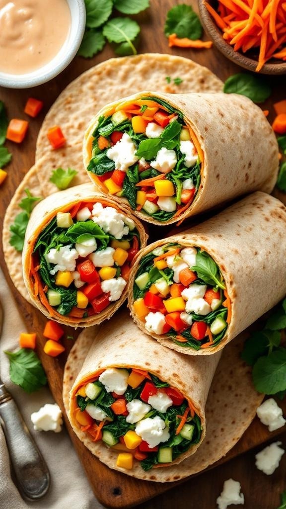 Savory cottage cheese and vegetable wraps on a wooden board with fresh vegetables and a dipping sauce