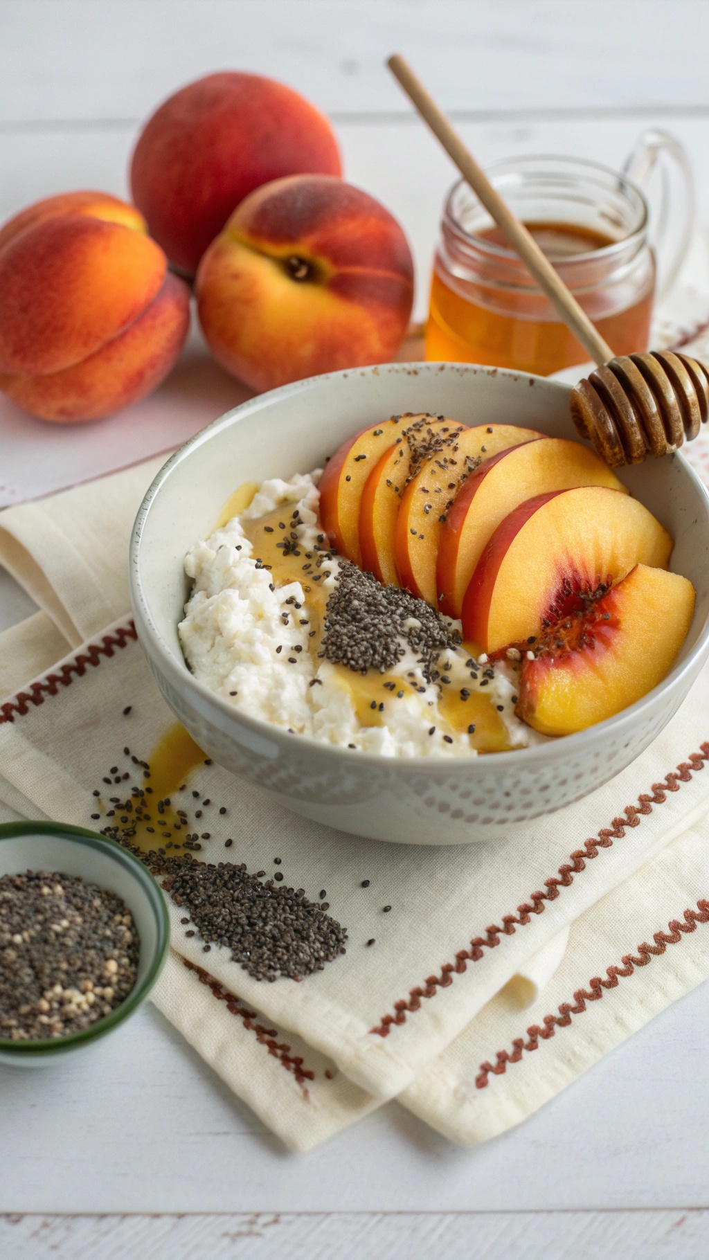 A savory cottage cheese bowl topped with peach slices, honey, and chia seeds, with fresh peaches in the background.